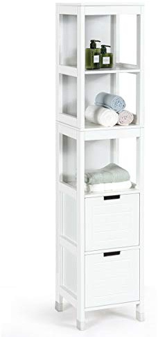 Tangkula Tall Bathroom Storage Cabinet, Freestanding 57 H Tall Slim Bathroom Floor Cabinet with 3 Tier Open Shelves and 2 Drawers, Multifunction Organizer Wooden Tower (White)