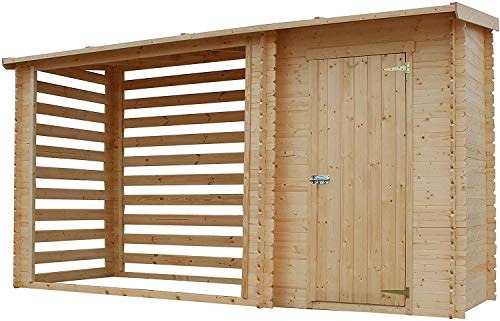 TIMBELA M205 Holz-Geräteschuppen 344x146x199 cm – Gartenhaus mit Brennholzregal, wasserfestem Dach, 3.64 m²