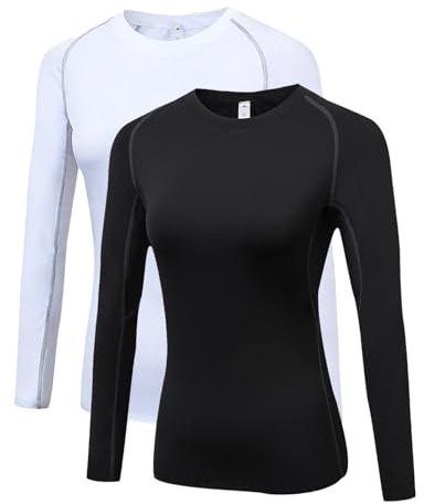 LNJLVI Camiseta Compresión Mujer Manga Larga Transpirable y Secado Rápido para Yoga,Pilates,Running,Entrenamiento - Top Deportivo(Blanco-Negro,M)