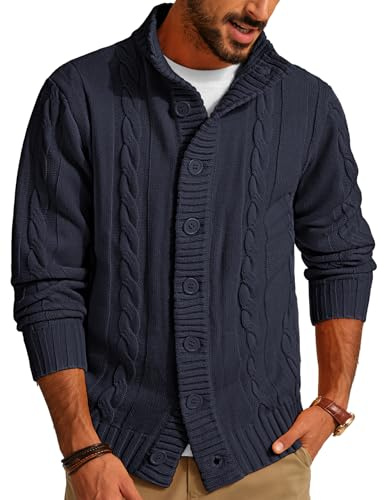 PJ PAUL JONES Men's Cardigan Sweaters Stand Collar Long Sleeve Cable Knit Button Down Sweater,3X-Large Dark Blue