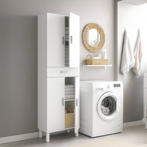 Dmora Armadio Multiuso Grande Oxnard 29x182h cm Bianco Bianco Lucido un Cassetto 2 Ripiani, 4 Vani