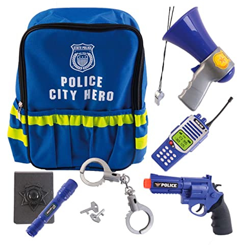 Tachan - Mochila de policia con un Kit Completo de 6 Accesorios de policía; Material Resistente, Correas Ajustables, Color Azul