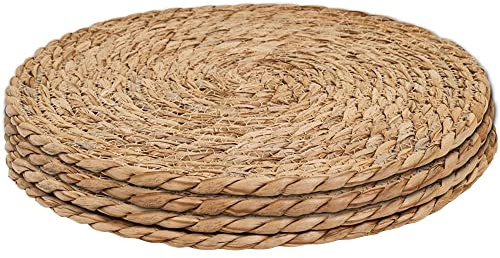 Defined Deco Woven Placemats Set of 4,12 Round Rattan Placemats,Natural Hand-Woven Water Hyacinth Placemats,Farmhouse Weave Place Mats,Rustic Braided Wicker Table Mats for Dining Table,Home,Wedding.