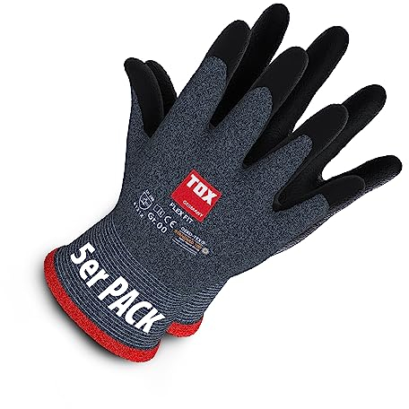 TOX Guantes de montaje Flex Fit, nylon de punto fino con revestimiento de espuma de micronitrilo, gris/negro, resistentes a la abrasión y versátiles, 5 pares, talla 10, 006900110