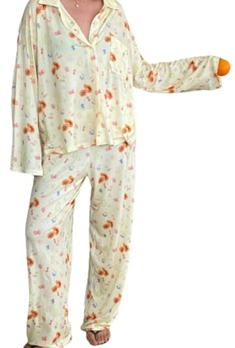 EsprAL 2-delad blommig pyjamas för kvinnor, långärmad skjorta och byxor med knäppning, fin pyjamas med frukttryck för kvinnor