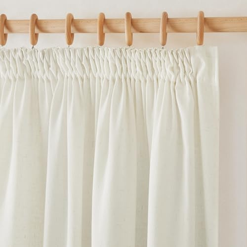PONY DANCE Cortinas de Lino Cortinas de Cocina Ventana 2 Piezas Cortinas Translúcidas para Riel con Ganchos Visillos Cortos para Ventanas Linen Curtains, 140x145cm(AnchoxAlto), Natural
