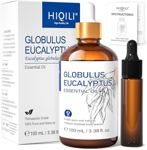 HIQILI Huile Essentielle Eucalyptus, 100% Naturelle pour Diffuseur, Spray, Aromathérapie, Soins de la Peau - 100ml
