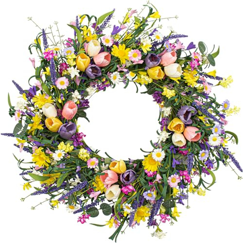 VioletEverGarden - Corona de primavera de 22 pulgadas para interiores, coronas artificiales de primavera para puerta delantera, corona de tulipanes con margaritas y lavanda para decoración navideña