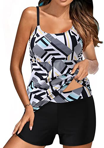 Tankini Bathing Suits for Women Two Piece Tankini with Shorts Swimwear Tummy Control Swimsuits Tankini Top Sports Boyshort Women Swimdress 2 Piece Swimsuits Tankini Set Plus Size Ladies Black