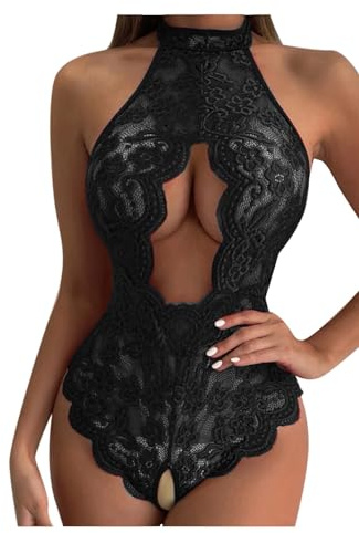 Générique Body Femme Sexy érotique Ouvert Entrejambe Bodysuit Femme Dentelle Dos Nu Transparent Lingerie Sexy Femme Coquine Hot Justaucorps sans Manches sous Vetements feminins Pas Cher (Black, M)