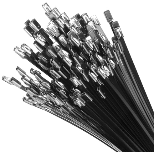 XINGO 200 Piezas Negro Bridas de Acero Inoxidable Resistencia Tracción 136 Kg, 300mm x 4,6 mm,Multiusos Bridas de Acero Inoxidable Para Fijación de Tuberías Reparación de Cercas y Atado de Cables