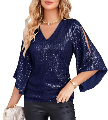 GRACE KARIN Women's Sequin Tops 3/4 Sleeve Glitter Sparkly Blouse for Party | Wrap Blouses Evening Going Out Clubwear Sequin Shirt Plus Size Glitter Sparkly Tops for Women