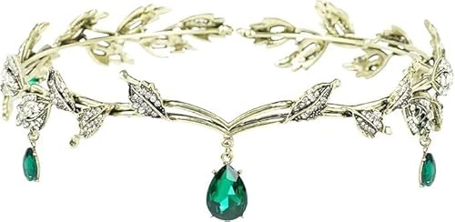 GIUSOBG Corona Regina Fascia per Diadema con Strass Verde Retrò Accessori Capelli Sposa Gioielli con Corona da Elfo Fantasy ed Elegante Elfo Tiara Adatto Per Matrimoni Film Cosplay e Altre Occasioni