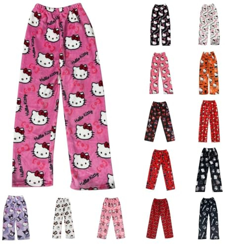 Chnnamzu Pantalon Pyjama Femme Flanelle Bas de Pyjama Polaire Chaud et Doux Confort Cartoon Chat Anime Imprimé Kawaii Mode Décontracté Vêtements de Nuit Pantalons pour Maison Lounge