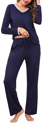 Litherday Pigiama Donna Cotone Lungo Pigiami Invernale Caldo Leggero Scollo a V Maglietta Manica Lunga e Pantaloni Donna con Tasca
