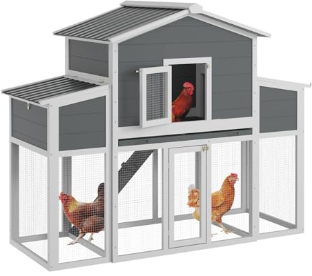 Wooden Chicken Coop for 2-6 Chickens, Outdoor Chicken House with Run & 2 Nest Boxes, Outside Hen House Poultry House Pet Hutch Chicken Cage with Waterproof Roof & Ramp, (66''LX32''WX53''H)