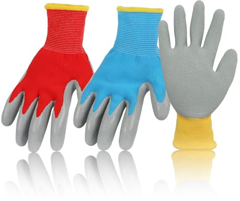 Gyxcelc 3 Paia Guanti da Giardinaggio per Bambini 5-8 Anni, Guanti da Giardino in Lattice Naturale, Guanti da Lavoro Antiscivolo, per Esterni, Pittura Fai da Te, Ragazzi/Ragazze, Multicolore，19cm