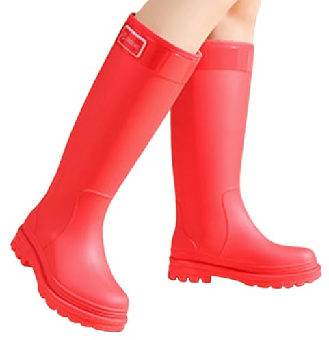 Botas de lluvia para mujer tipo mocasín, para exteriores, informales, cómodas, botines de tobillo de goma con tacón bajo para senderismo, camping, ropa de uso diario, rojo, 39