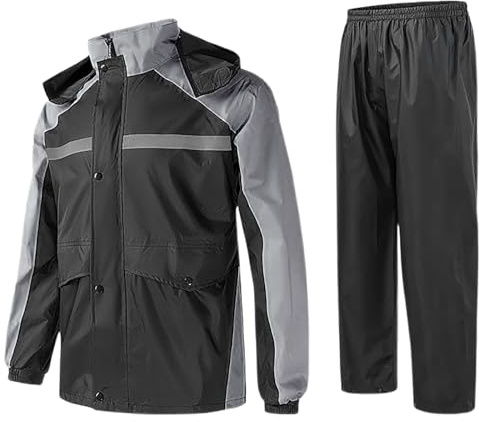 YOSUWOAI Rain Suit Men's Motorcycle Waterproof Rain Jacket and Rain Trousers Windproof Breathable Two Piece Rainwear with Zip Outdoor Raincoat Set, O Grey, 4XL