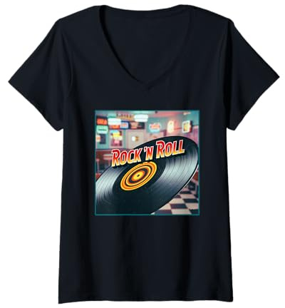 Mujer Comedor de Vinilo Rock 'N Roll Camiseta Cuello V