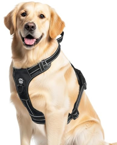 CAWJUG Pettorina per cani di taglia media, anti-tiraggio, traspirante, con controllo, con strisce catarifrangenti, sicura con manico, per cani di taglia media (nero, L)
