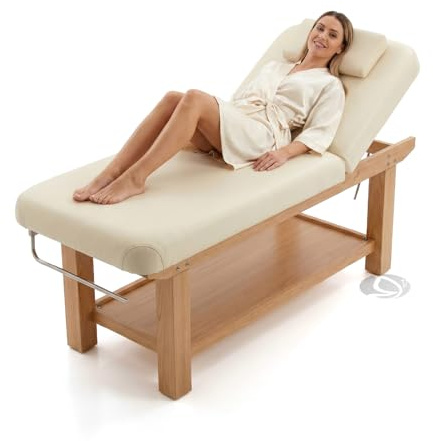 Lettino Massaggio Professionale in Legno Naturale, Lettino Estetista Fisso con Portarotolo e Schienale Regolabile per Massaggio, Centro Estetico e SPA - Cuscino Spessorato in Sky Ecopelle colore Crema