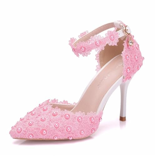 EURDFHY Bröllopsskor för kvinnor bröllopsskor vår sommar kvinna spets strass brud tunn höga klackar klänning mångsidig kvinnor (rosa 9 cm, 34)