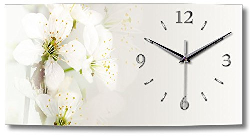 Kreative Feder Designer-Wanduhr Weiße Blüte XXL Natur leise Funk-Wanduhr Funkuhr in modernem Design ohne Ticken (WA154, 80x40cm leises Funkuhrwerk)