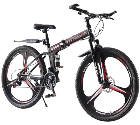 BSTSEL 27.5Inch Adult Folding Mountain Bike,Dual Suspension Mountain Bikes with 27.5 Inches 3-Spoke Wheel, 21 Speed Mens and Womens Foldable Mountain Bicycle (27.5 Inch Black & Red)