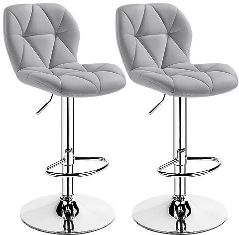 Yaheetech Gray Bar Stools Set of 2, PU Leather Bar Chairs with Backrest, Height Adjustable Swivel Island Stools for Bar, Kitchen Counter, Light Grey