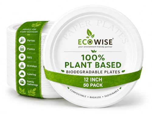 Strong X-Large Round Bagasse Plates, Biodegradable & Compostable ECO Friendly Dinner Party Sugarcane Paper Plates -12 inch, Perfect for Everyday USE Party Picnic BBQ Work (12 inch - 50 Pack)