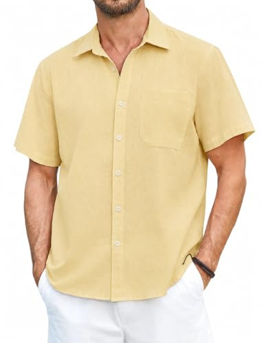 HISDERN Chemise en Lin Homme Manche Courte Beige Casual Business Été Leger Plage Chemise pour Hommes Classique Business Boutons Regular Fit M