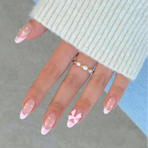 Goiern - Set di 24 unghie in acrilico con anello 3D madreperla, colore rosa naturale, per incollare unghie artificiali