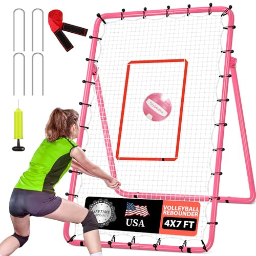 Adjustable Volleyball Rebounder Net 7x4 ft with PU Volleyball and Stakes - Bounce Back Training Equipment for Practicing Volleying, Bumping, Spiking, Easy Set Up & Steady for Multi Sports (Pink)