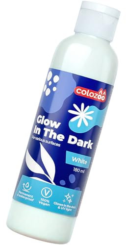colozoo Glow in The Dark weiß Acryl Farbe 180ml | Leuchtfarbe im Dunkeln und Schwarz Licht | Nachtleuchtend Acrylfarbe ist Dauerhaft auf Jede Oberflächen