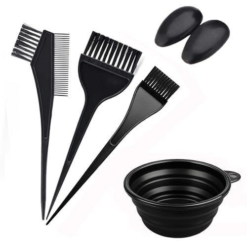 Hair Dye Brush and Bowl Set, 6pcs Hair Colour Brush and Bowl Tool, Brush Double-Sided Comb, Dye Brush, Ear Cover, Hair Colouring Tools for Home Salon Beauty