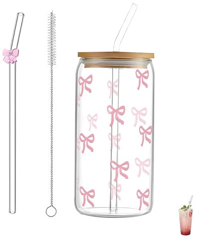 Syylqyr 4 PCS Iced Coffee Cups Glass Set, 500ml Tumbler with Straw and Lid Cute Matcha Glasses Elegant Bubble Tea Cup for Women Girls Friends for Coffee Milk Smoothie