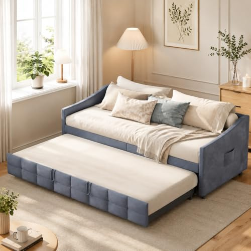 Multifunktionell bäddsoffa, utdragbar 90/180 x 200 cm, utdragbar 2-sitsig soffa med sovfunktion och ribbotten, sammetsöverdrag, perfekt för vardagsrum och gästrum, utan madrass (typ C + grå)