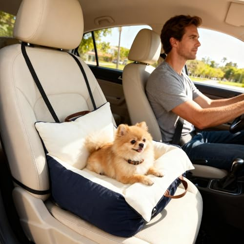 PawHut Dog Car Seat, Cosy Pet Car Booster Seat for Small Dog Under 5 KG, Portable Travel Bed with Safety Tether, Detachable and Washable, Navy Blue