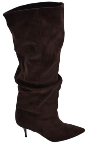 Stivale Alto Slouchy camoscio Marrone Donna Linea Basic con Tacco a Spillo Kitten 5 cm Gambale Over a Punta Zip (38 EU)