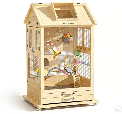 Extra Large Parrot Wooden Cage, Solid Pine Bird Villa, 360°Wheels, Anti-Escape Lock, Transparent View, 26.77x22.05x40.16in(68x56x102cm), 5 Packages, for Cockatiel Monk Parakeet (Deal 2)