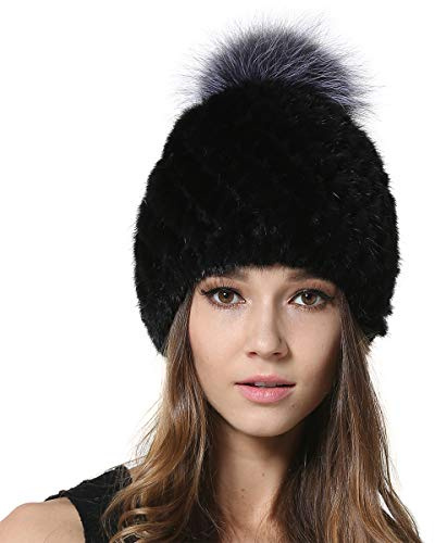KAISHIN Cappelli con Pompon in Pelliccia di Visone a Righe Invernali da Donna Cappellini in Vera Pelliccia di Volpe Argentata (Nero)