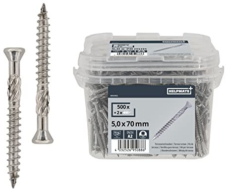 HELPMATE – Vis de terrasse 5 x 70 en acier inoxydable A2 – Lot de 500 vis de plancher + 2 embout T25 – Vis de terrasse pour l'extérieur (construction de terrasses, abris de jardin, constructions en