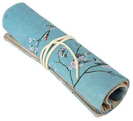 Federmäppchen-Rolle, Vintage-Leinenmäppchen, bunte Leinwand, aufrollbare Federmäppchen mit Wildleder-Samt-Strap-Liner Bleistift Roll Wrap Stift Wrap Organisator für Bleistift(Blau)