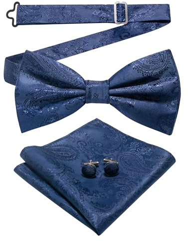 JEMYGINS Nœud papillon pour homme avec motif fleurs de cajou, design rétro avec boutons de manchette et pochette, Bleu marine, M