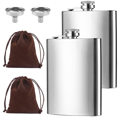 Jinsion 2 Set Fiaschetta Tascabile in Acciaio Inox,8oz/227ml Fiaschetta con 2 Imbuto,Hip Flask Portatile a Prova di Perdite per Liquori e Alcolici Vari per Campeggio,Arrampicata,Bar,Feste,Barbecue