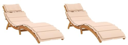 vidaXL Acacia Wood Sun Loungers - Beige Patio/Garden/Outdoor Recliners with Cushions (2 pcs), Foldable & Slatted Design, Weather
