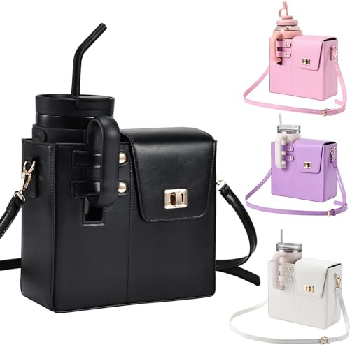Outdoor Portable Crossbody Water Cup Storage Bag Crossbody Case with Sports Water Bottle Holder for Women Tumbler Purse with Water Bottle Pocket Compatible with Most Water Bottles Carrier Bag, Black