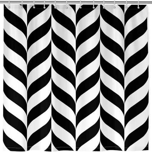 ANHOPE Retro Schwarz Weiß Streifen Duschvorhang Anti-schimmel Wasserdicht Waschbar Duschvorhänge 180 x 200 cm Shower Curtains Polyester Stoff Bad Vorhang für Badzimmer mit 12 Haken