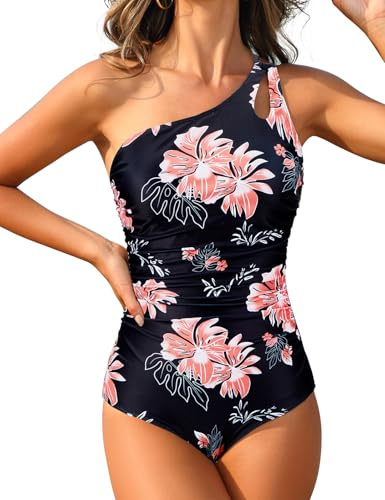 Durio Badeanzug Damen Bauchweg Badeanzüge für Damen One Shoulder Raffung Badeanzug Sexy Einteilige Rückenfrei Bademode Cut Out Swimsuit Rosa Druck L